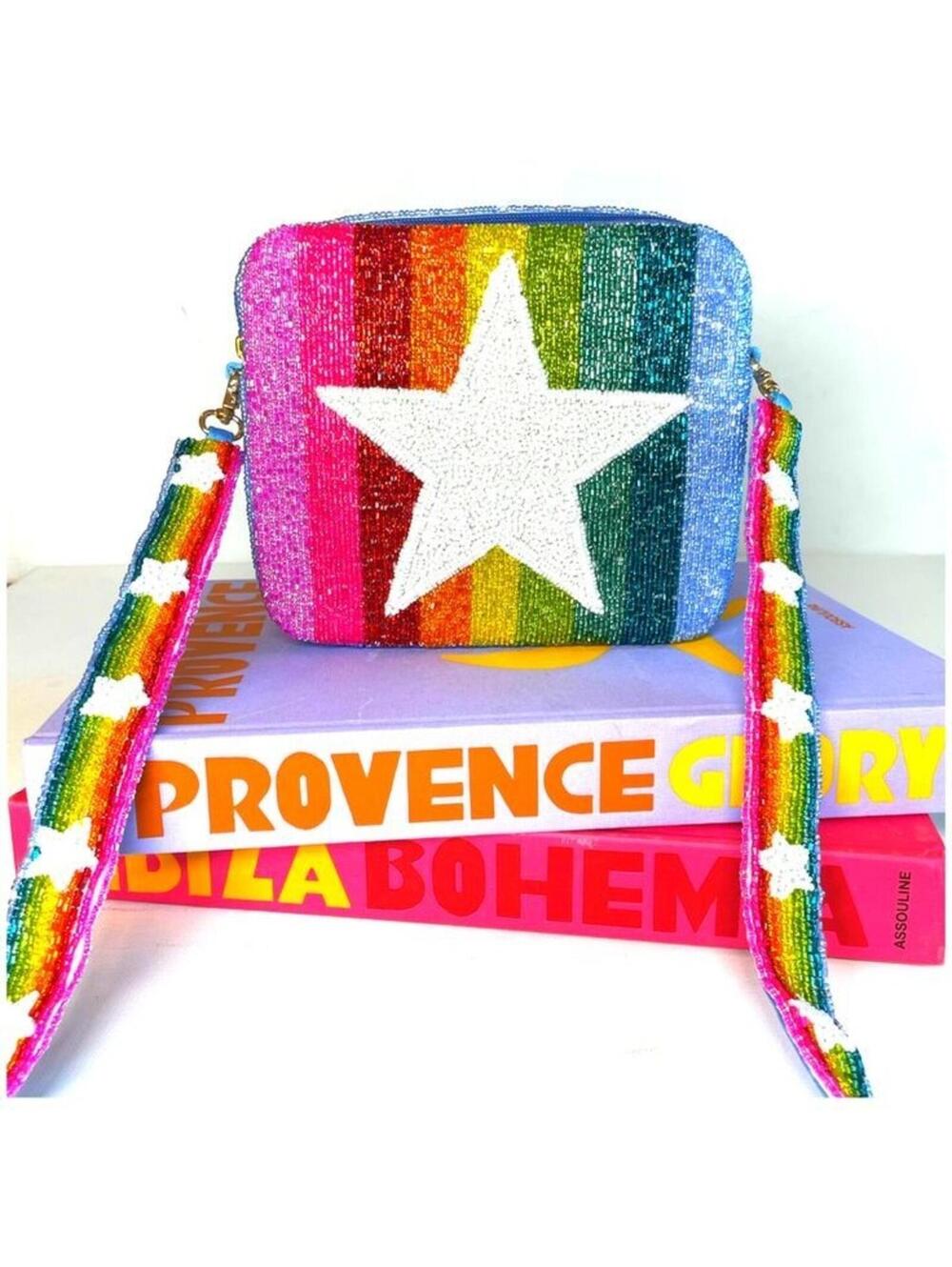 NWOT Hand Beaded Rainbow Stripe with Star Shoulder Bag By Camal Threads 8x6